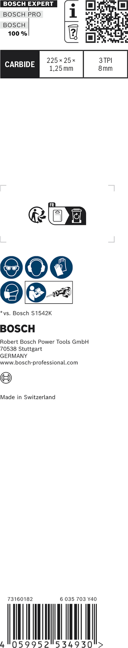 Förpackning med Bosch Expert 2603 borr, 25 x 25 mm, 3/16 inch, tillverkad i Schweiz.