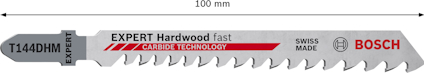 Sticksågblad i metall märkt "EXPERT Hardwood fast, Carbide Technology, T144DHM, 100 mm, Swiss Made, Bosch".