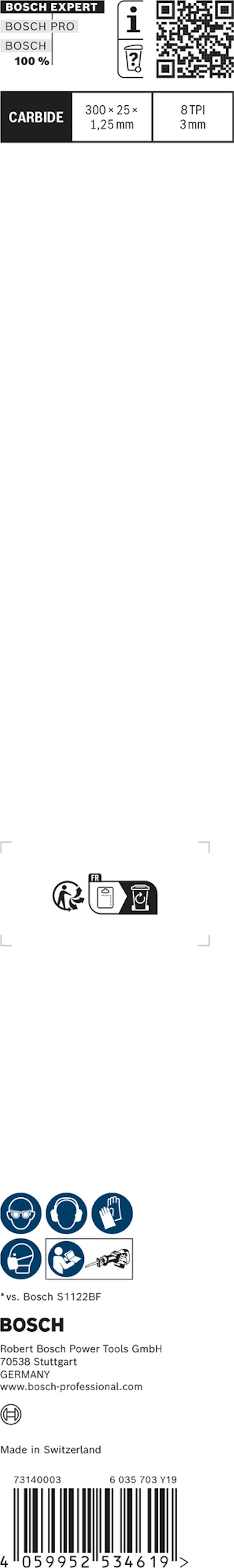 Förpackning med Bosch sågklinga och streckkod samt QR-kod. Information: 230 x 2,7/1,8 x 30 mm, Z=36.