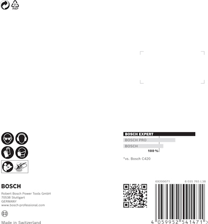 Förpackning med Bosch-logotyp och text som beskriver verktygstillverkaren, ursprung i Schweiz och QR-kod.