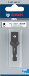 Förpackning med Bosch PRO-socketadapter, 1/2", med stiftanslutning, blå och grå design.