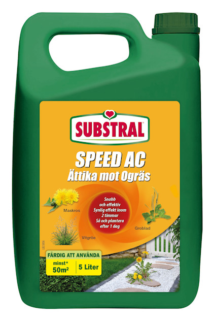 Grön plastbehållare med texten "Substral Speed AC Ättika mot Ogräs", illustrationer av ogräs och en trädgårdsgång.