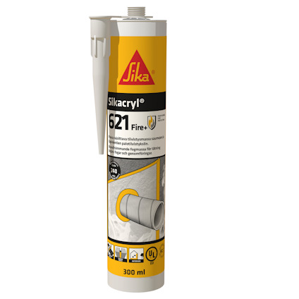 Kartusch med vit fogmassa Sika 621 Fire+ och applikationsmunstycke.