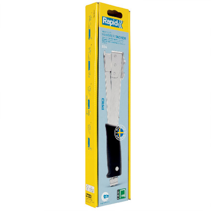 Förpackning av Rapid Hammer Tacker R54 med svart handtag och metallhölje.