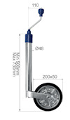 Stödben med vev, diameter 48 mm, höjd justerbar mellan 500 mm och 730 mm, hjulstorlek 200x50 mm.