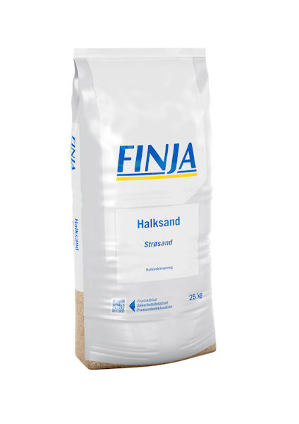 Vit påse med texten "Halksand" och "Strösand", samt logotypen "FINJA".