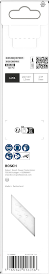Förpackning med svarta och blåa ikoner, streckkod och texten "Bosch Expert HCS" och "Made in Switzerland".