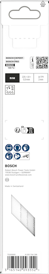 Förpackning till sågblad med Bosch-logotyp, QR-kod och symboler för kompatibilitet och material.