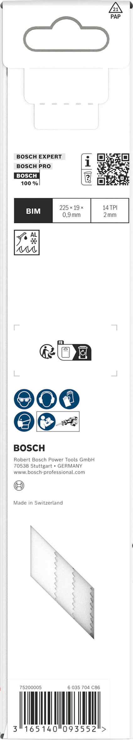 Förpackning till sågblad med Bosch-logotyp, QR-kod och symboler för kompatibilitet och material.