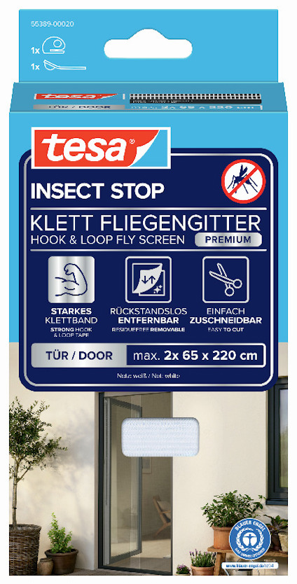 Förpackning för Tesa Insect Stop dörrnät med kardborrefäste, max. 2x 65x220 cm.