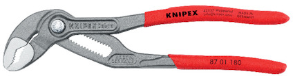 Justerbar polygriptång med röda handtag, text "KNIPEX" och modellnummer "87 01 180". Tillverkad i Tyskland.