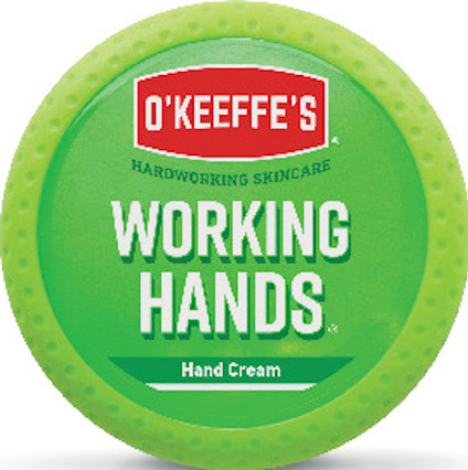 O'Keeffe's Working Hands handkräm i en grön burk med text: "HARDWORKING SKINCARE".