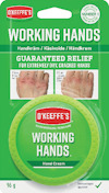 Förpackning av O'Keeffe's Working Hands handkräm, grön burk med reklamtext och bilder på händer.